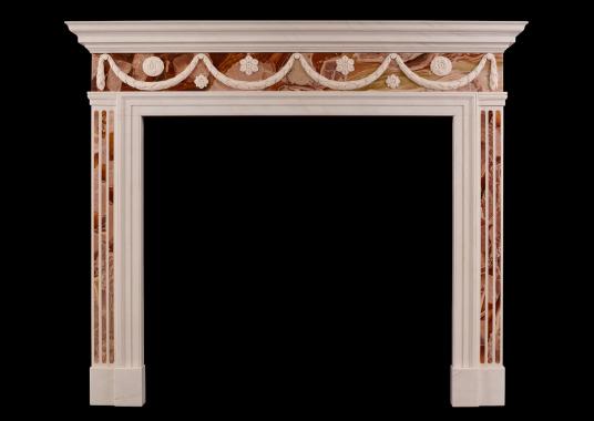 A white marble fireplace with Jasper inlay